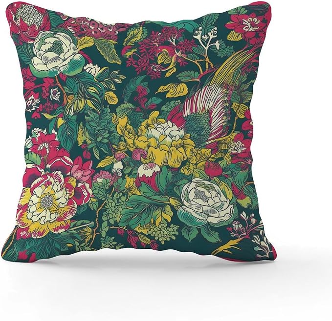 Cushion Cases Chinoiserie Red Peony Floral Throw Pillow Covers Abstract Green and Pink Pillow Cover Accent Square Couch Sofa Cushion Covers for Patio Couch Tent Sofa 18x18 in