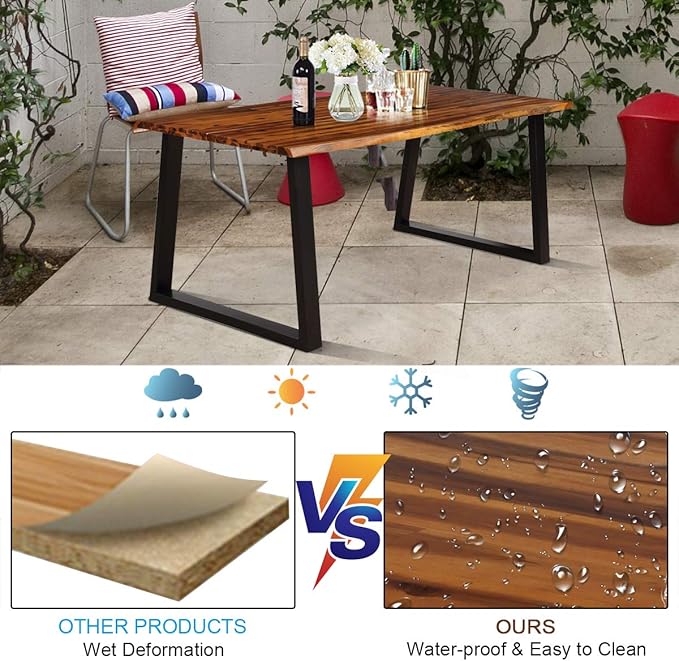 Giantex Rectangular Acacia Wood Dining Table Rustic Indoor & Outdoor Furniture (Rustic Brown&Black)