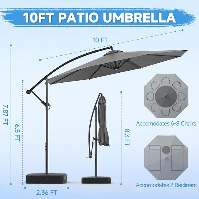 SUNYRISY 10ft Outdoor Patio Umbrella with Base Included, Large Cantilever Offset Umbrella with Sandbag Base Included for Deck, Pool, Porch, and Backyard Shade, Easy to Tilt and Crank