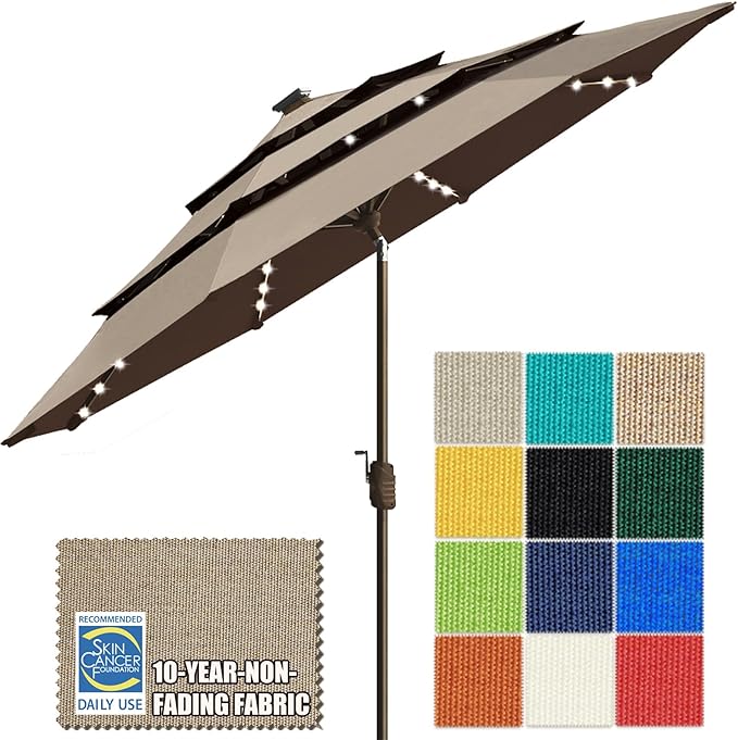 EliteShade USA 10-Year-Non-Fading 9ft 3-Tier Market Patio Umbrella, Commercial Table Umbrella with 80 Solar LED Lights, Crank Open, Windproof & UPF 50+ UV Protection for Garden, Deck, Pool, Backyard, Mushroom