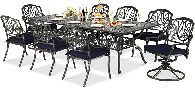 9-Piece Patio Cast Aluminum Dining Set, Outdoor Dining Furniture Set for 8, Includes 94.5" Rectangular Dining Table, 6 Stationary, 2 Swivel Dining Chairs with Umbrella Hole, Navy Blue