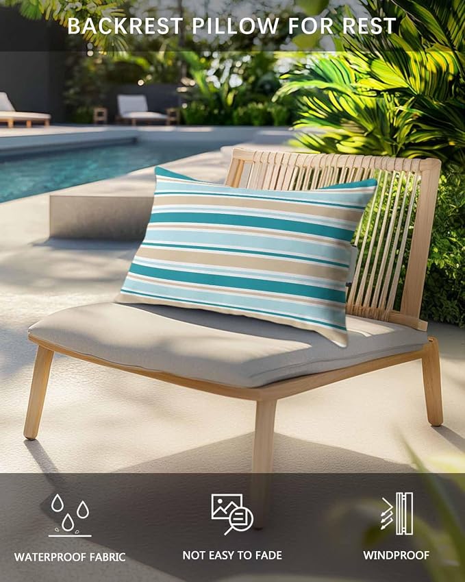 Pack of 4 Outdoor Lumbar Pillow Covers 11x16 Inch, Teal Khaki Striped Waterproof Throw Pillow Covers Set, Farmhouse Stripes Modern Abstract Art Outside Decorative Cushion Cases for Patio Porch Car