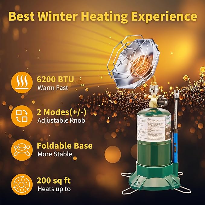 Portable Propane Heater 2-in-1, 6200BTU with Cup Holder & Cylinder Base, Camping Heater with Propane for Tent, Garage, Fishing, Compatible with 1lb Small Propane Tank (Fuel Not Included)