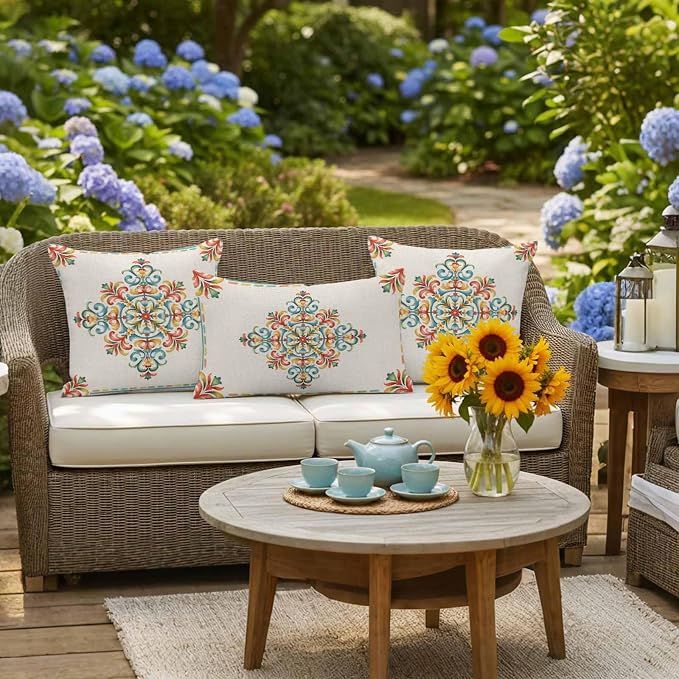 Geometric Flowers Outdoor Pillow Covers 24x24 Inch Throw Pillow Covers Set of 2 Waterproof Decorative Pillow Cases Modern Abstract Colorful Floral on Linen Cushion Covers for Patio Furniture Garden