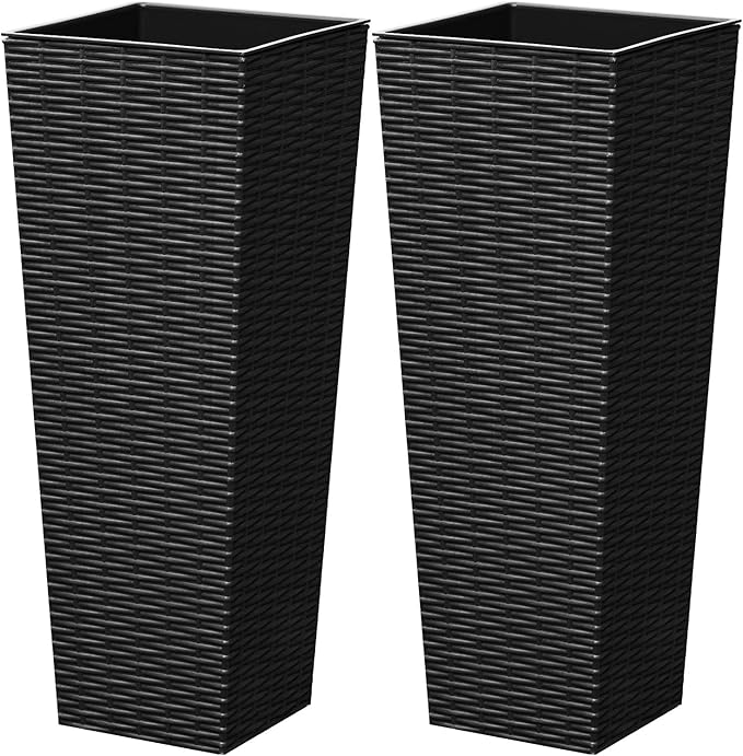 24 Inch Tall Plastic Planters (Set of 2), Detachable Inner Pot & Drainage Holes, Outdoor Decorative Flower Pots for Large Plants, Trees, Patio, and Garden, Black