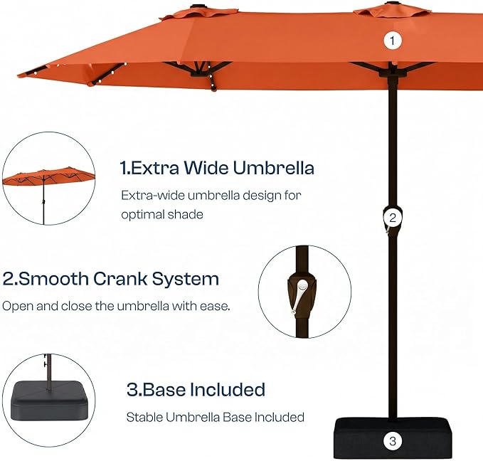 15FT Patio Umbrella with Solar Lights, Double-Sided Extra Large Outdoor Table Umbrella with Base Included, Heavy-Duty 12 Iron Ribs Market Umbrella for Garden, Pool, Backyard, Terracotta