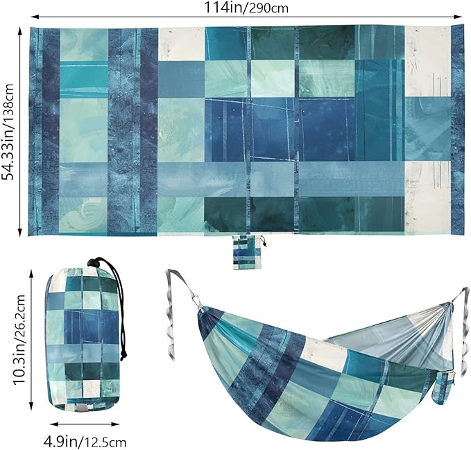 Square Geometric Plaid Stripe Embroidery Robin Blue 330lb Capacity Hammocks for Camping with Tree Straps Rope Hammock for Indoor Outdoor Patio Bases para hamacas para adultos