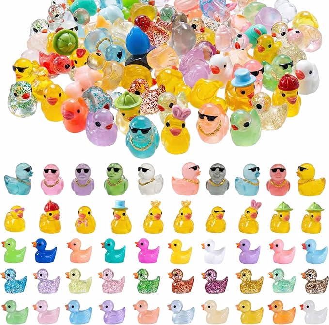 100 Pcs Mini Resin Ducks, Mixed Styles (Glow, Glitter, Hats, Sunglasses, Necklaces), Tiny Animal Figurines to Hide, Small Little Ducks for Fairy Garden, Miniature Landscape & Aquarium