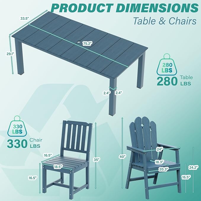 9-Piece Patio Dining Set, Outdoor Dining Set for 8, HDPE All-Weather Outdoor Furniture with 75.20” Umbrella Hole Table, 2 Armchairs & 6 Armless Chairs, Navy