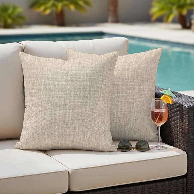 Vintage Cream Waterproof Outdoor Pillow Covers 18''x18'' Set of 2, Farmhouse Retro Beige Patio Furniture Linen Texture Cushion Covers for Chairs, Decorative Solid Color Pillow Cases for Garden/Pool