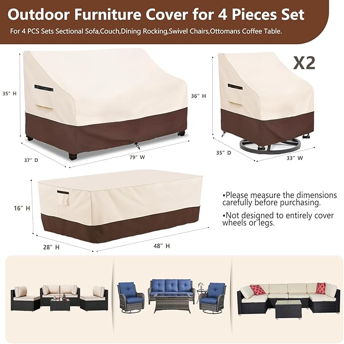 Outdoor Furniture Covers Set,4-Piece 600D Heavy Duty Waterproof Patio Furniture Cover for Outdoor Swivel Rocker Chairs,Loveseat and Coffee Table,Beige & Brown