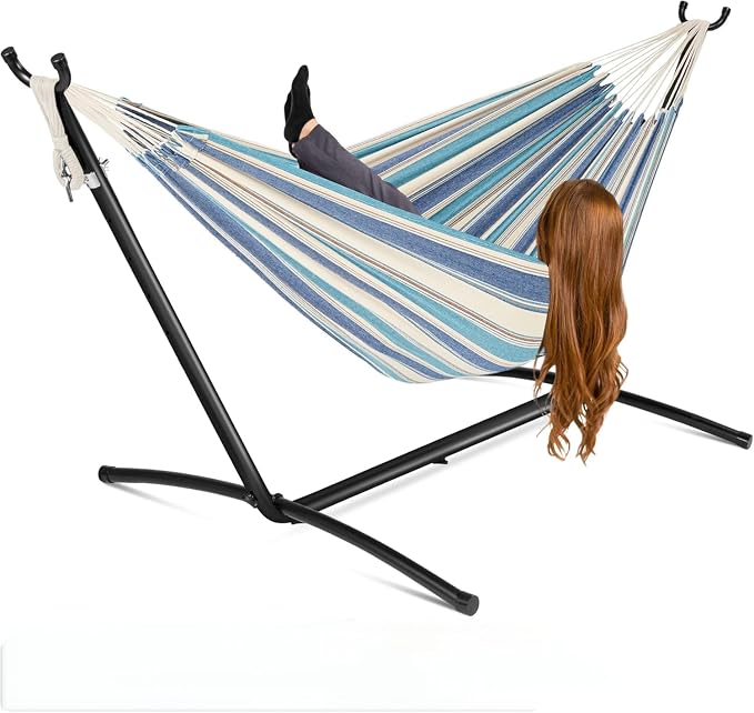 2-Person Hammock with Stand for Outside, Portable Heavy Duty Hammock | Space Saving Steel Stand, 450lb Capacity for Garden, Backyard or Patio