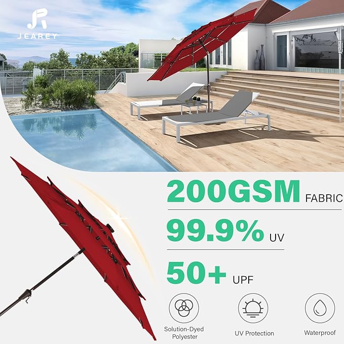 JEAREY 3 Tiers Patio Umbrella with Solar Lights 9ft Outdoor Market Table Umbrellas with Push Button Tilt for Outside Pool Garden, Red