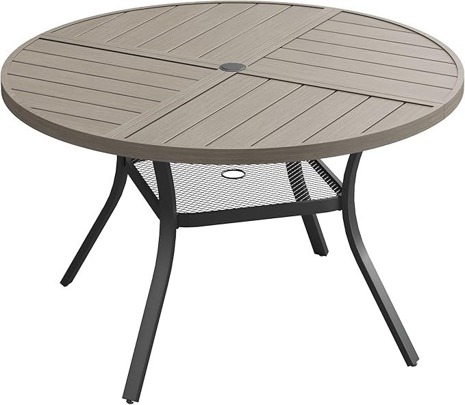 VICLLAX 40.6" Round Patio Dining Table for 4, All Weather Metal Outdoor Table with 1.57" Umbrella Hole and Storage Shelf for Garden Lawn Deck, Grey