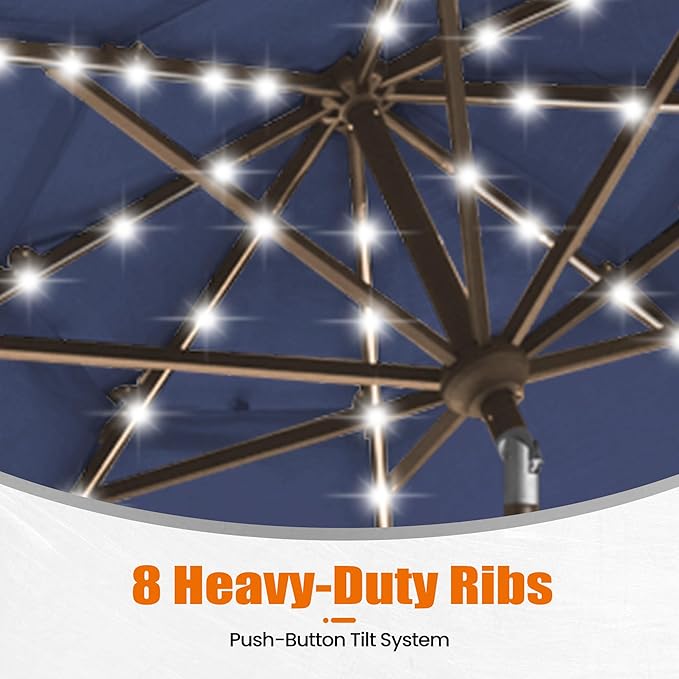 EliteShade USA 10-Year-Non-Fading 10ft 3-Tier Market Patio Umbrella, Commercial Table Umbrella with 80 Solar LED Lights, Crank Open, Windproof & UPF 50+ UV Protection for Garden, Deck, Pool, Backyard, Navy Blue