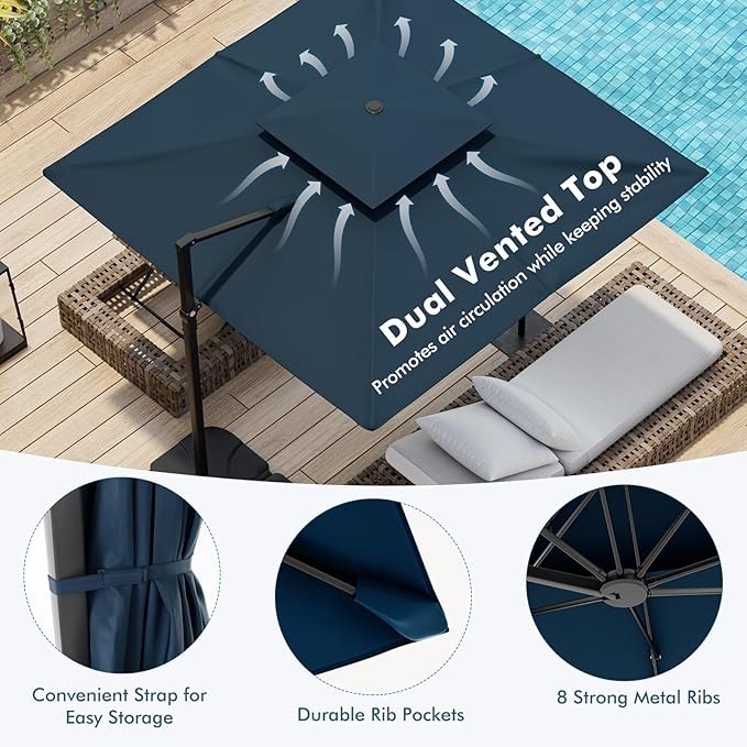 Tangkula 9.5 FT Cantilever Patio Umbrella, Outdoor Square Offset Umbrella with 360° Rotation, Double Top Heavy Duty Patio Hanging Umbrella with Cross Base for Garden Deck Pool Backyard (Navy)