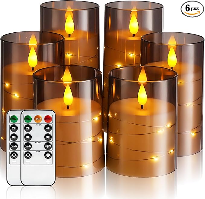 Amagic Grey Battery Operated Candles with Embedded Fairy Lights, Acrylic Fake Pillar LED Flameless Candles with Remote and Timer for Wedding Home Decor, Set of 6, D3 x H4 5" 6"