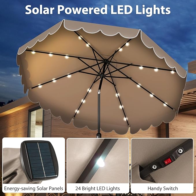 Tangkula 10FT Solar LED Patio Umbrella, 2-Tiers Scalloped Outdoor Table Market Umbrella with 24 LED Lights, Vented Top, Tilt Adjustment, Crank, 8 Ribs for Backyard Poolside Deck Beach Lawn (Coffee)