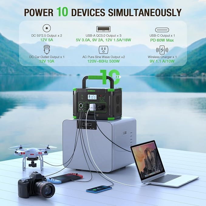 Portable Power Station 500W, 519.48Wh Solar Generator, 120V Pure Sine Wave AC Outlets, 60W USB-C PD, 10 Ports for Outdoor Camping RV Van, Home Backup Emergency Off-Grid Living,Dark Green