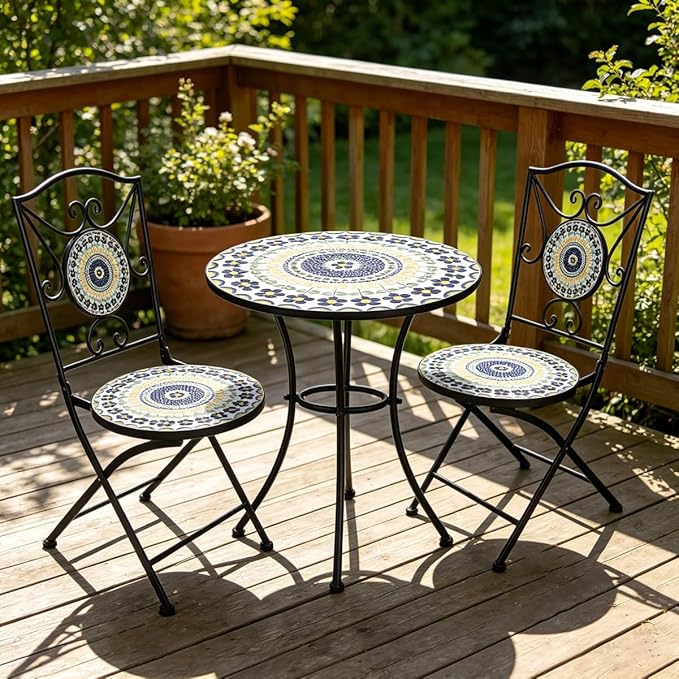 3 Piece Bistro Sets Mosaic Tile Round Table Folding Chairs Garden | Set of 3 Patio Furniture 23.6" Table and 2 Chairs Outdoor Bistro Chairs Artistic Table for Balcony Porch Apartment Backyard