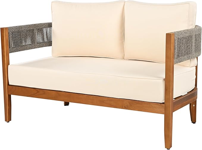 Christopher Knight Home Quixley Outdoor Acacia Wood Loveseat and Coffee Table Set with Cushions, Wooden Patio Conversation Set with 2 Seater Couch+Coffee Table, Chat Set for Balcony Garden, Teak+Beige
