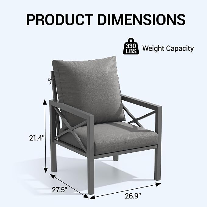 2-Piece All-Weather Metal Patio Furniture Set, Outdoor Bistro Armchairs with Cushions, Heavy Duty Steel Frame & Washable Cushions for Backyard Garden (Grey)