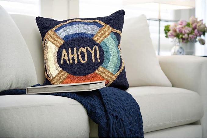 Liora Manne FRONTPORCH Indoor/Outdoor Handmade Pillow - Traditional Graphic Casual Beach Accent (Ahoy Navy) (18" x 18")