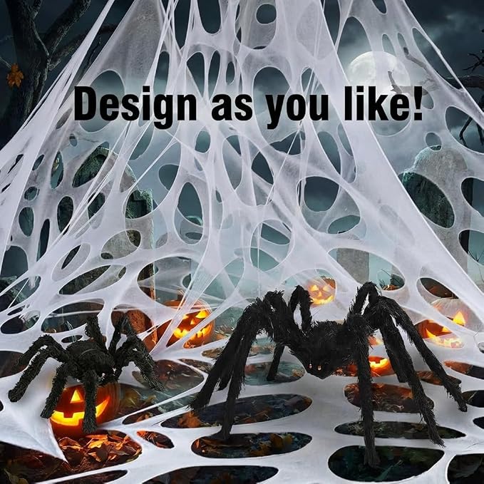 1600 Sqft （After Streched with Holes） Uncut Giant Spider Web Halloween Decorations Outdoor with 10 Ground Nails Stretchy Beef Cloth Netting Cut-Your-Own Flexible Elastic for Yard Party Decor