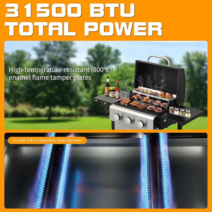 CIG GARDEN 3-Burner Propane Gas Grill,Outdoor Barbecue Grill with Side Tables and Wire Enamel Cooking Grids,31,500 BTU Output Stainless Steel Grill for Patio Garden Camping Backyard BBQ