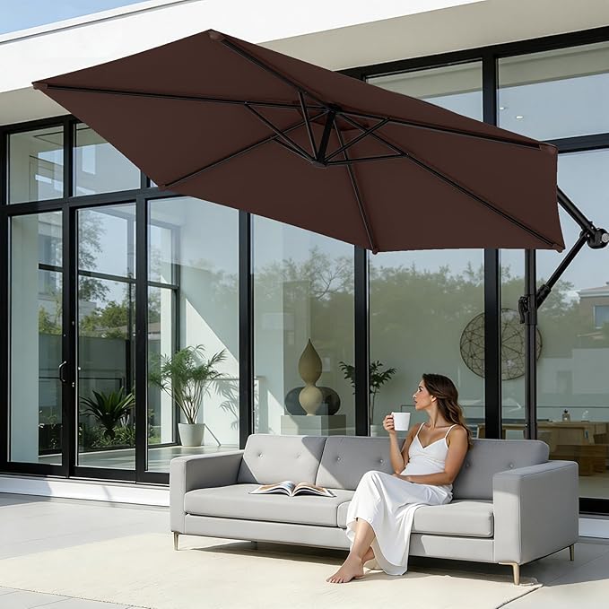 AreShark 10FT Patio Outdoor Umbrella, Offset Patio Umbrella Cantilever Umbrella, 6 Sturdy Ribs, Easy Adjustment for Garden Market Pool with Cross Base (Brown)