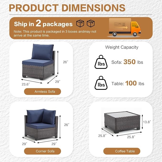 MOCHITO 7 Pcs Outdoor Patio Furniture Sets Brown Rattan Blue Cushions | All-Weather Sectional Sofa, with Glass Table, PE Rattan Wicker Patio Furniture , Washable Cushions, for Balcony Porch Garden