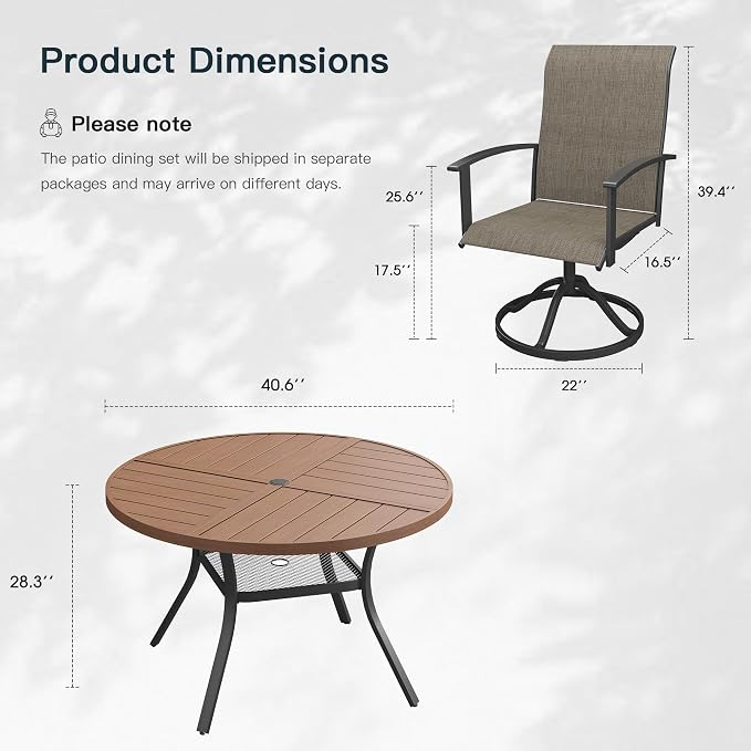 VICLLAX 5 Pieces Patio Outdoor Dining Set, 4 Swivel Textilene Chairs and 40.6" Round Metal Table with Umbrella Hole for Porch, Deck, Garden, Walnut/Brown