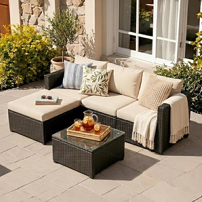 JAMFLY Beige 3-Piece Patio Furniture with Glass Coffee Table for Balcony | All-Weather PE Wicker, Thick Washable Cushions, Modular Conversation Seating for Porch, Deck & Garden