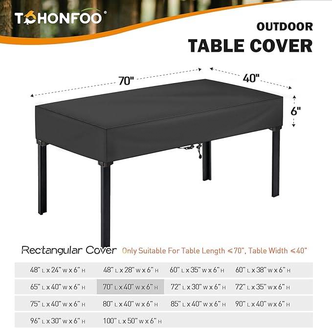 TOHONFOO Rectangular Patio Table Cover - Waterproof Anti-UV Outdoor Dining Table Cover - Outdoor Patio Furniture Cover 70" L x 40" W x 6" H, Black