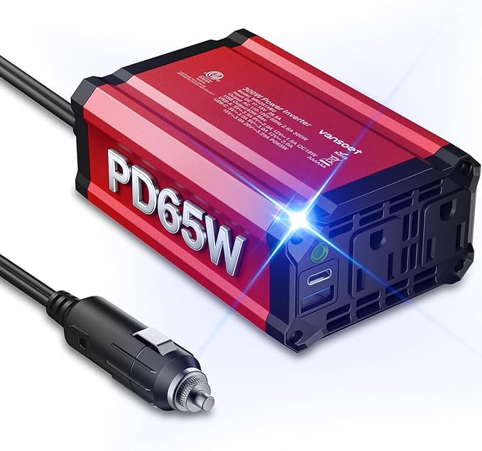 【2026 Upgraded】 300W Car Power Inverter - vansoet DC 12V to 110V AC(2 Outlets) Power Inverters with PD65W & QC18W Fast Charging Port - Car Charger Cigarette Lighter Adapter for Laptop/Phone/Road Trip