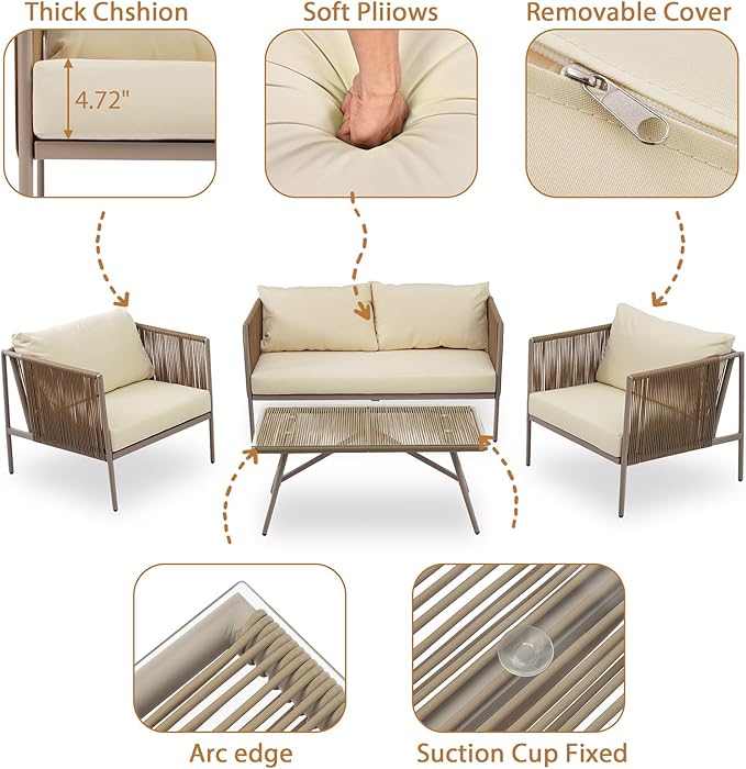 Outdoor Patio Furniture Couch Set, Rope Sofa Set with Thick Cushions and Toughened Glass Table All-Weather Wicker Sofa Conversation Set for Backyard, Beige