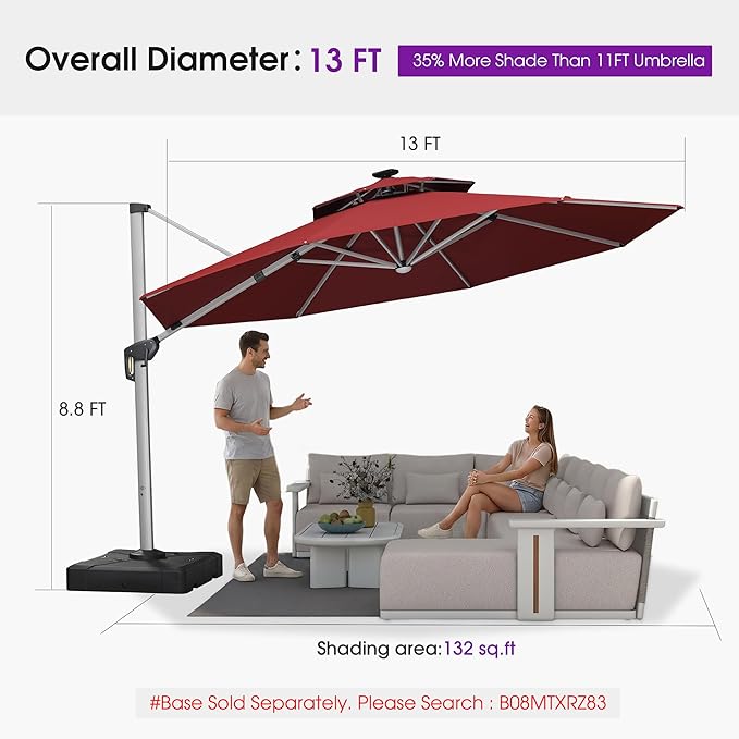 PURPLE LEAF 13ft Patio Umbrella with Lights Outdoor Round Large Cantilever Umbrella Solar Powered LED Windproof Offset Umbrella Heavy Duty for Garden Deck Pool Patio, Brick Red
