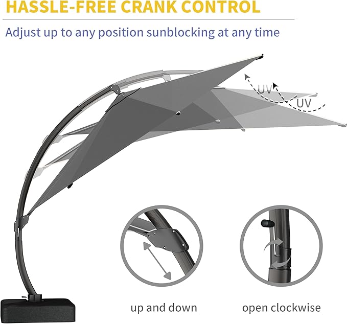 Kingdura 12ft Offset Cantilever Patio Umbrella with Base Included, Large Round Aluminum Outdoor Umbrella, 360° Rotation & Infinite Tilt, Heavy Duty Frame for Deck Pool Backyard, Grey