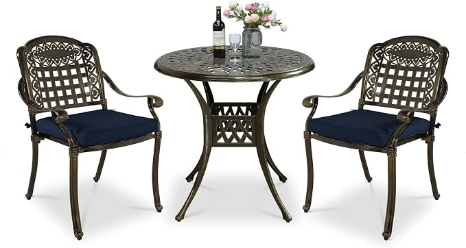 VIVIJASON 3-Piece Outdoor Patio Bistro Set, All-Weather Cast Aluminum Furniture Dining Sets Include 2 Cushioned Chairs and 31" Round Table w/Umbrella Hole for Balcony, Backyard, Navy Blue Cushion
