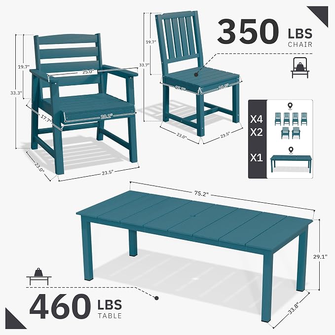 AreShark 7-Piece Outdoor Dining Set,HDPE Patio Table with 6 Chairs,All-Weather Patio Furniture Set with Umbrella Hole,Low Maintenance Wood Grain Dining Set for Backyard,Garden,Poolside,Navy Blue