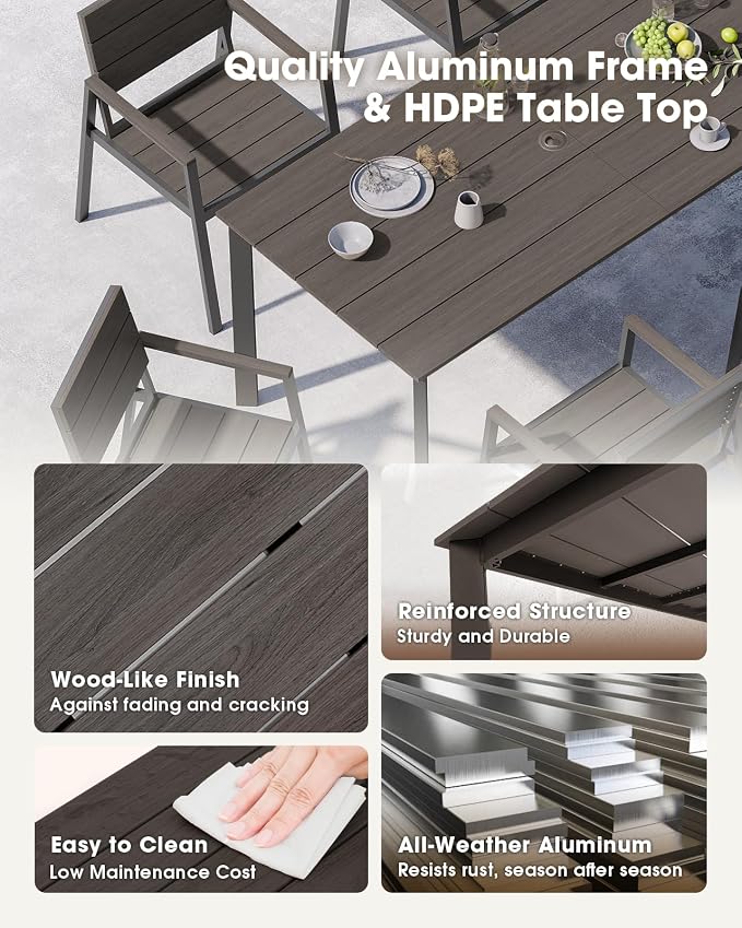 Outdoor Dining Set for 6, Aluminum Patio HDPS Outdooor Table and Chairs Set with Umbrella Hole, All Weather Patio Furniture Set, 7 Peice Patio Dining Table Set (Charcoal)