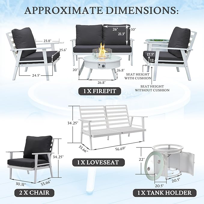 LeisureMod Walbrooke Modern Aluminum 5-Piece Patio Conversation Set with Outdoor Round Firepit Table & Side Table Tank Holder (Charcoal)