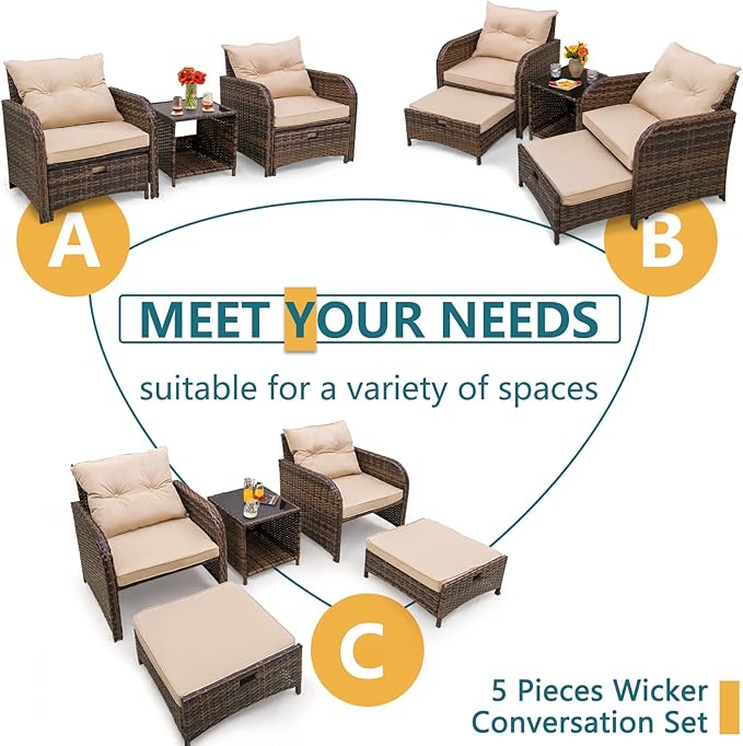 5 Pieces Patio Chairs Set with Ottomans, All Weather PE Rattan, Outdoor Conversation Furniture with Table, Beige
