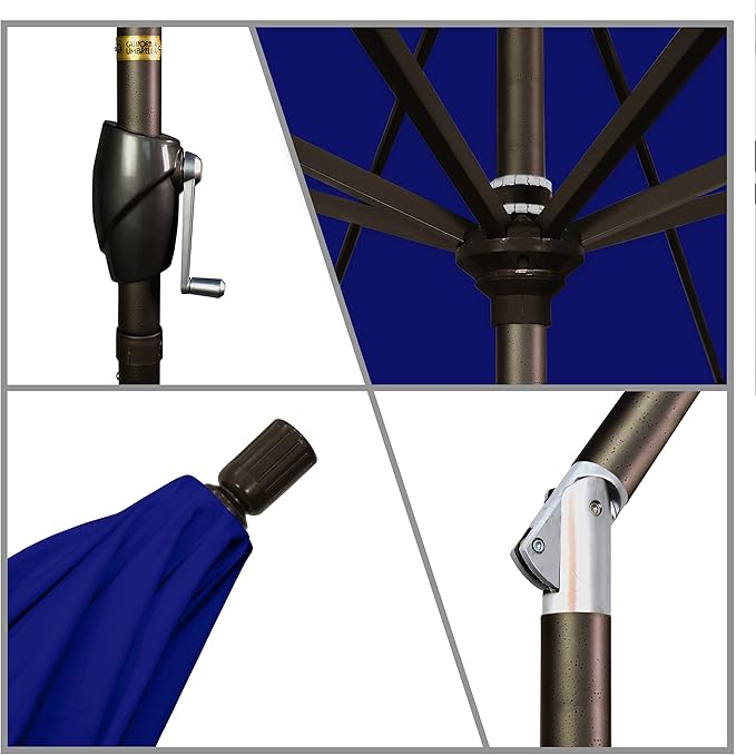 California Umbrella 7.5' Round Aluminum Market Umbrella, Crank Lift, Push Button Tilt, Bronze Pole, Sunbrella True Blue