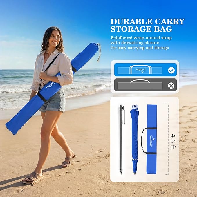 UIRWAY Beach Umbrella, Heavy Duty Windproof Beach Umbrellas with Sand Anchor & Tilt, Sun Protection Portable Beach Umbrella with Carrying Bag for Beach, Patio Garden Pool Outdoor