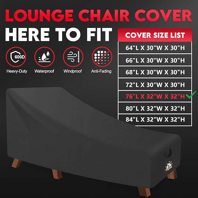 Zettum Outdoor Lounge Chair Cover - Waterproof Patio Chaise Lounge Chair Cover, 600D Heavy Duty Fade-Resistant Outdoor Seating Covers for Pool Lounge Chair, Lawn Bench Furniture 76 x 32 x 32 Inch