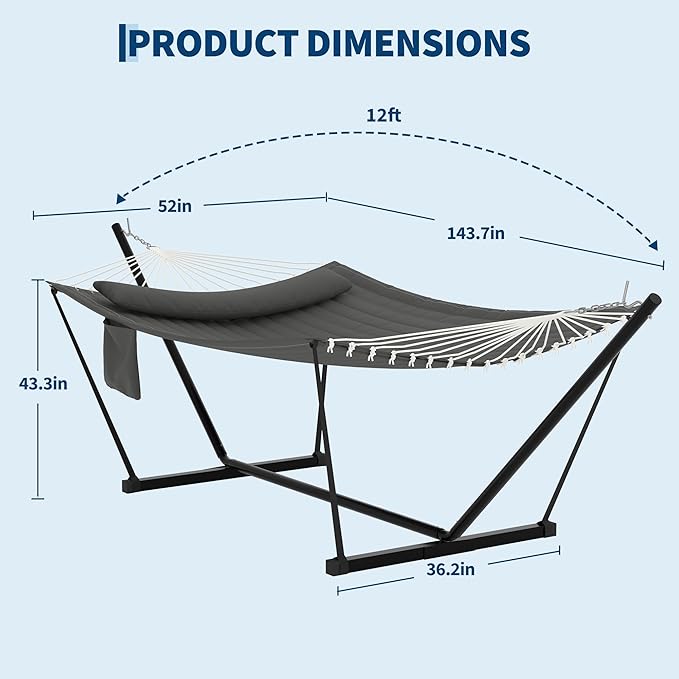 2 Person Double Hammock with Stand & Pillow, 450 LBS Heavy Duty Outdoor Hammock with Balance Rope for Patio Backyard Poolside