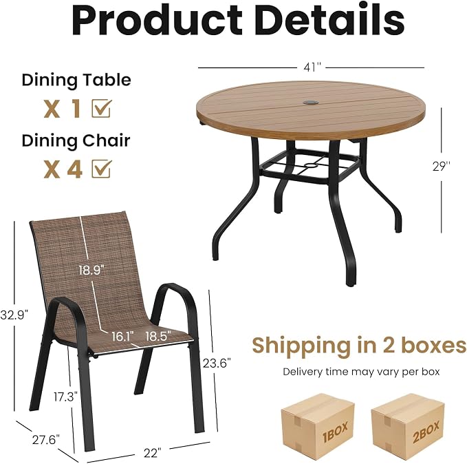 Soohow Patio Dining Set for 4, 5-piece Outdoor Dining Set 4 x Stackable Patio Chairs & 1 x Wood-Like Round Table with Umbrella Hole, All-Weather Outdoor Table and Chairs for Backyard, Balcony, Porch