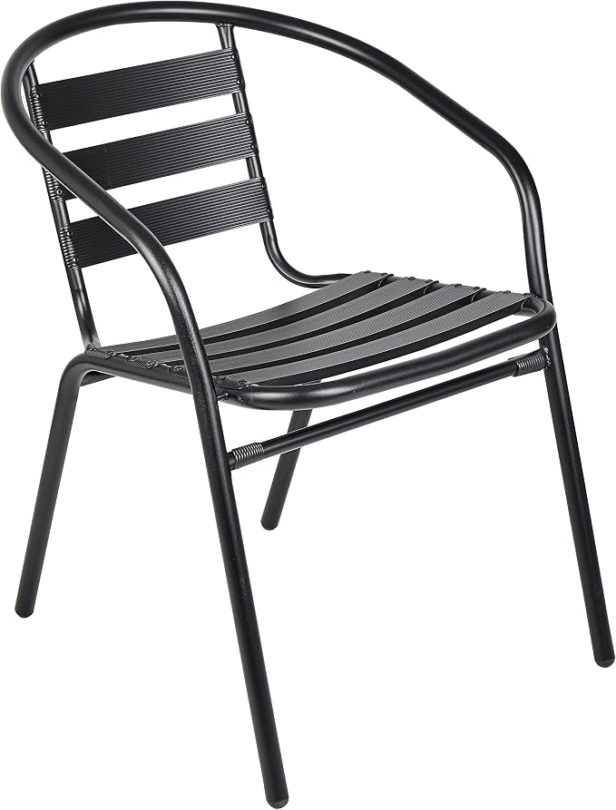 BTEXPERT Indoor Outdoor Restaurant Stainless Steel Aluminum Metal Slat Stack Commercial Lightweight, 2 Chairs with a 27.5" Square Table, Silver/Black