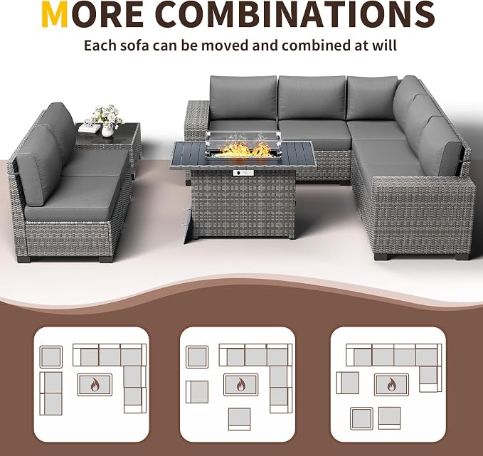 Patio Furniture with Fire Pit Table,8‘’ Wide armrest Outdoor Sectional Rattan Sofa Set, Wicker Patio Furniture Sets w/Coffee Table,Thick Cushions and Cover for Porch,Deck, 9PC (Grey&Grey)